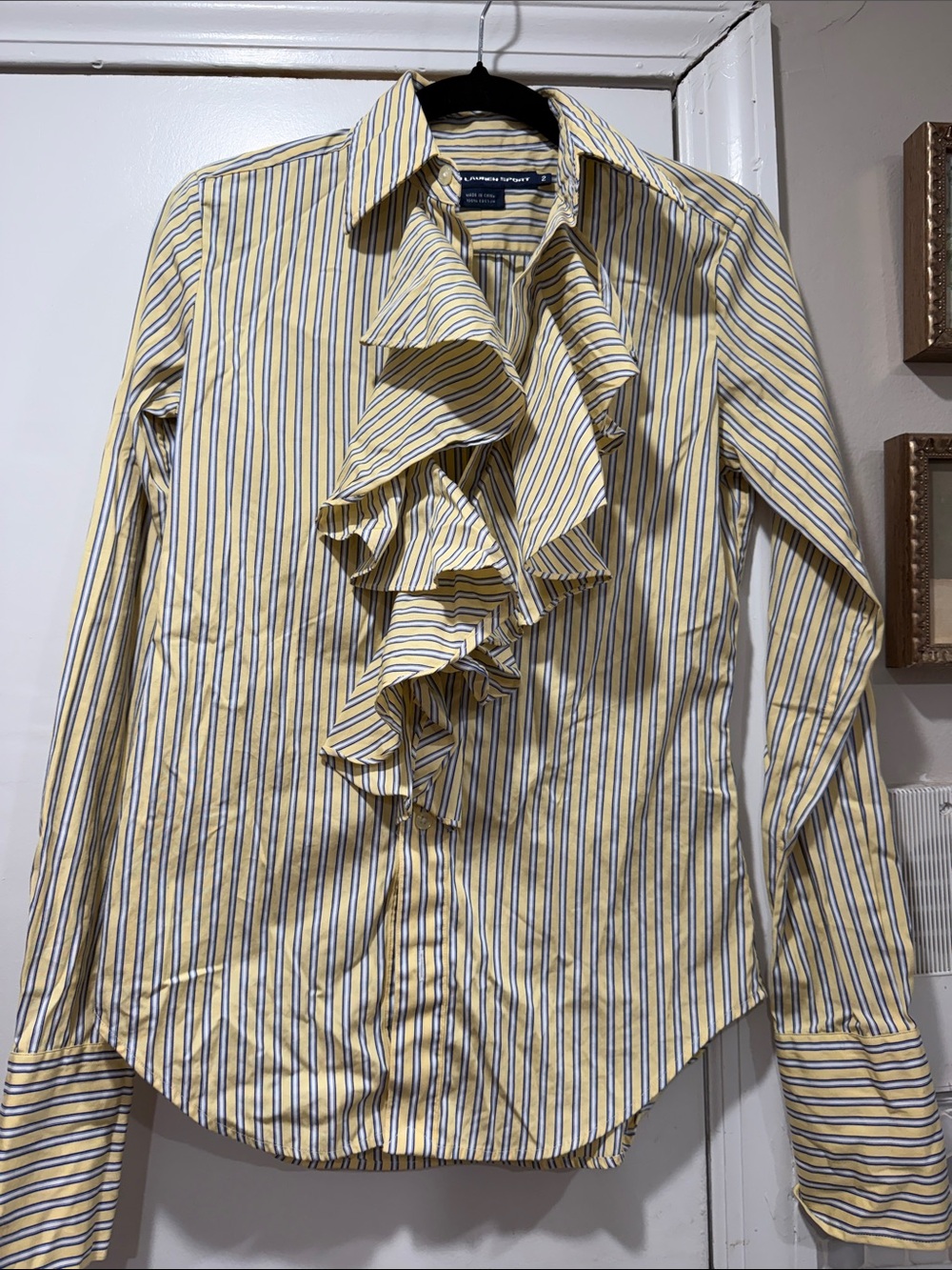 Ralph Lauren Yellow and Blue Striped Ruffle-Front Dress Shirt